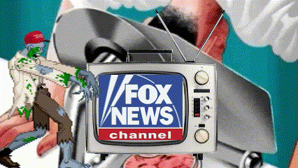 Some real dark humor a small TV plays a Fox News intro While a zombie with a maga hat walks back and forth in front of it And another Fox viewer behind it runs his head through a meat slicer