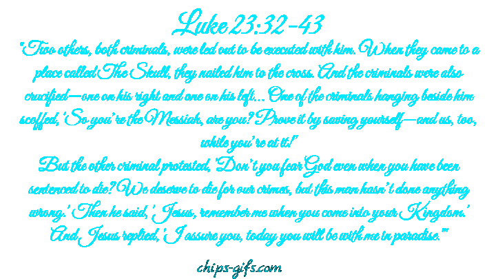 Three crosses on the hill of Calvary with the bible verse Luke 23