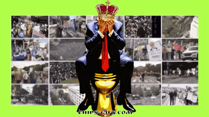  Trump sits with his Crown on golden throne toilet holding his head in his hands crying With multi screens playing behind him of the demonstrations from No King's Day With the announcement of no Kings day three on April 28 2026
