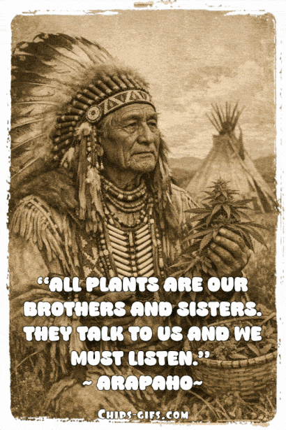 An Arapaho elder who shifts from black and white to color and back again while holding a cannabis plant in one hand and offering a pipe with the other as the teaching plants are our brothers and sisters appears across the scene