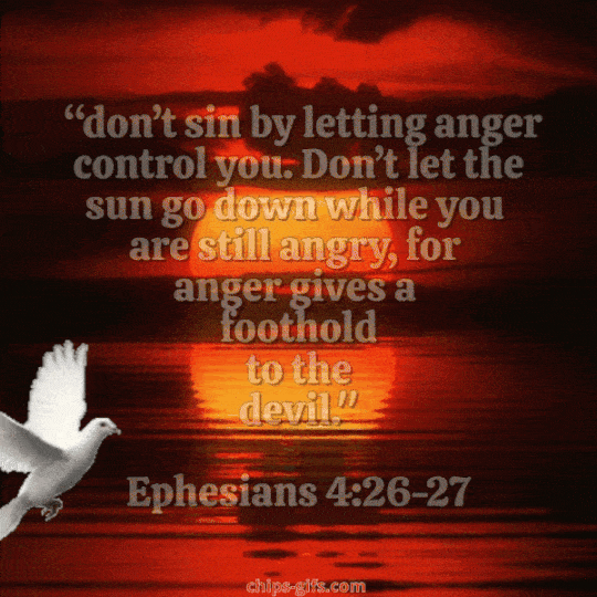  A beautiful sunset with white doves flying around and the Bible verse Ephesians 4:27-28 in the foreground reminding us to never go to bed angry