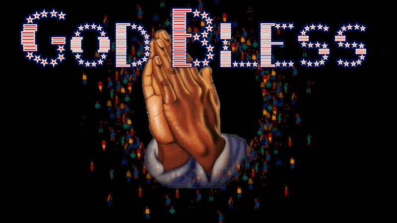  An image of praying hands with an American flag background A globe spins in the middle with people all around it holding hands big bold type overlays the scene It says God Bless The USA