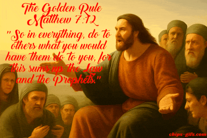  A scene sitting on a mountainside teaching overlaid with the Bible verse matthew 7:12 The Golden Rule - Do unto others as you would have them do unto you