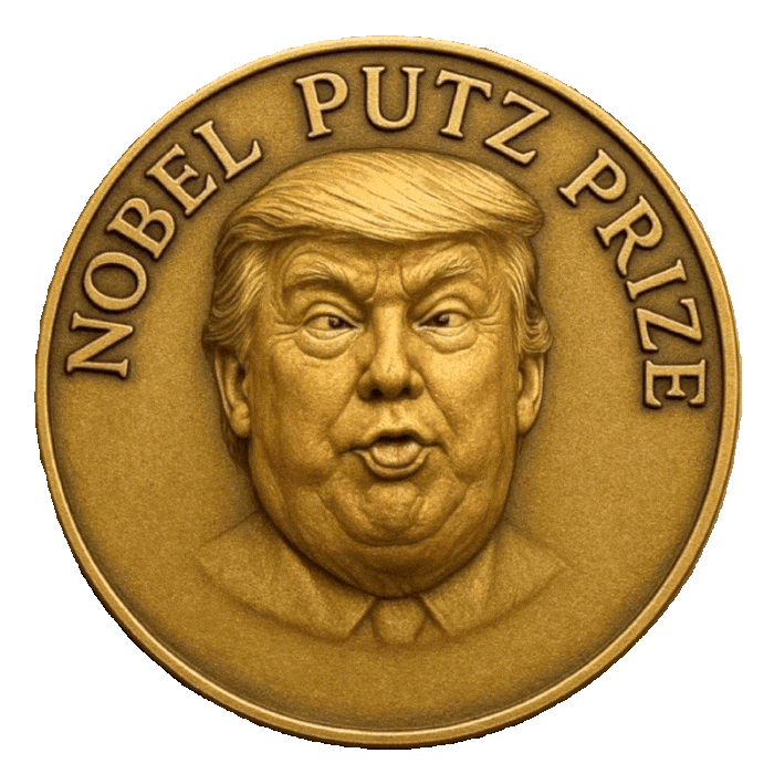  A spinning gold coin With a cross eyed image of Donald Trump on it Is trump's nobel peace prize with a twist