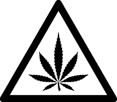 A triangular warning sign In bright colors has A peace sign in the Center of a marijuana leaf
