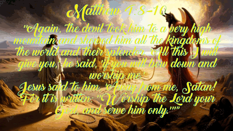  Matthew 4 8-10 Bible verse Satan tempts Christ in the desert with a scene of Jesus standing on a rocky outcrop with a bright halo as Satan, depicted as a shadowy figure, offers him the world while Jesus resists and turns away, emphasizing his spiritual strength and commitment to God's will.