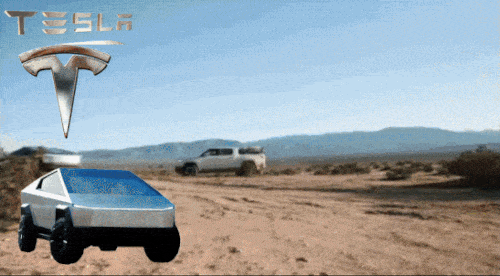Tesla Cyber truck driving off road It catches on fire as it makes a jump, Poking fun at the issues Tesla has had with their cyber truck