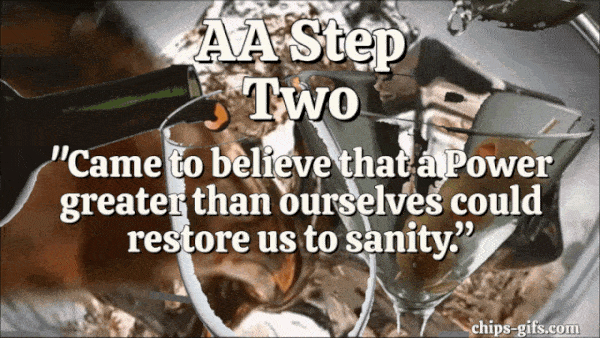 multiple drinks being poured overlaid with step 2 of Alcoholics Anonymous