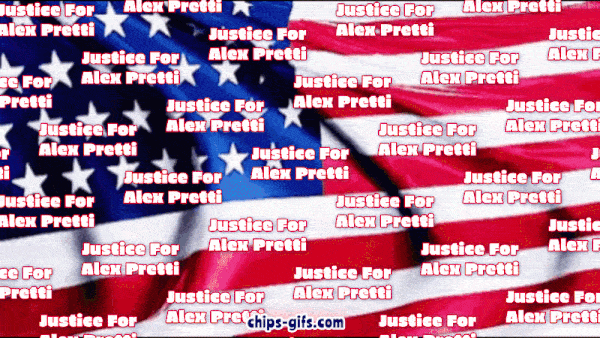 A waving American flag in the background with kaleidoscoping text that says Justice for Alex Pretti while photos of Alex in everyday life alternate with images of him being assaulted by ICE officers using heart transitions between each frame and a large header appears at the bottom reading Justice for Alex Pretti followed later by Murdered by ICE as gold kaleidoscoping text saying no justice no peace overlays in front of the flag