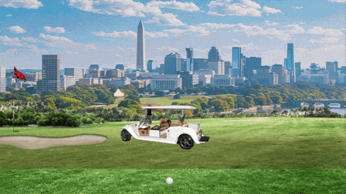  Donald Trump is playing golf as an alienation Spaceship flies over and zaps his golf cart when he bends over to his tea A whole bunch of drones start attacking the city The City of Washington DC is in the background with explosions going off. Trump is oblivious to everything but his golf game