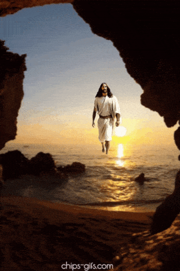 from the mouth of an ocean cave an image of the lord walks on the water toward the viewer as a bright sunrise breaks over the horizon behind him, reflecting the promise of guidance and new light found in the verse Luke 1:78-79