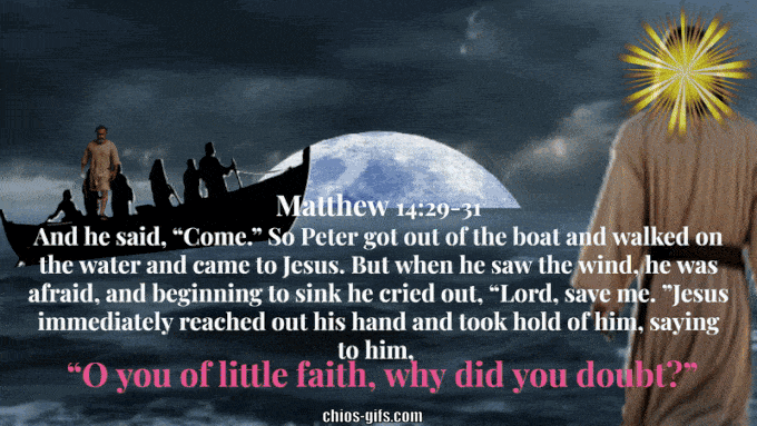 Jesus seen from behind with a bright halo looking toward a silhouetted boat as Peter steps out to walk on the moonlit water, begins to sink, and is rescued as Jesus leads him back across the rising‑moon reflections while the boat of disciples fades into the darkness — Bible verse: Matthew 14:29_31