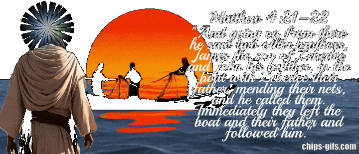 Jesus standing from behind with a bright halo watching three silhouetted men in a boat tending their nets as a deep orange setting sun casts a glowing triangle across the water, reflecting his call for them to follow him — Bible verse: Matthew 4:21_22