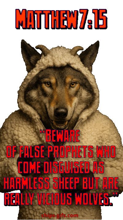 The verse Matthew 7:15 about false prophets With the depiction of a wolf in sheep's clothing.