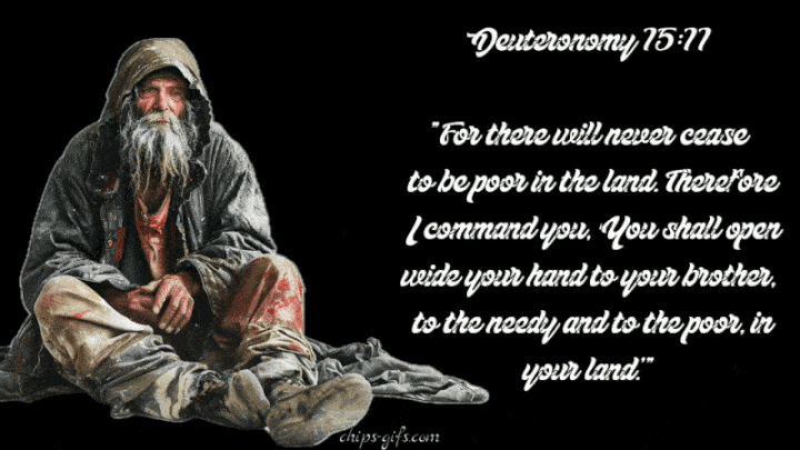  Pictures impoverished people around the United States overlaid With The verse Deuteronomy 15 about the release of slaves and the giving of charity