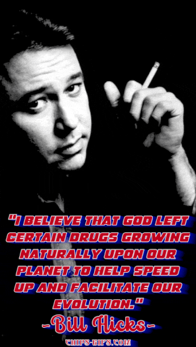 A looping animation using a blacklight‑style outline of Bill Hicks’s face and hand holding a cigarette with alternating neon color shifts as different images of him smoking fade in and out behind the outline while his quote I believe that God left certain drugs growing naturally upon our planet to help speed up and facilitate our evolution appears across the scene