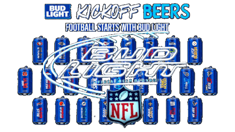  A Bud Light store exibit Play football In front of cans of Bud Light with all the NFL teams on them