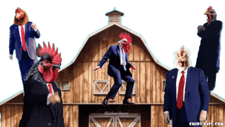  A bunch of chicken headed Trump's Dancing on top of a barn