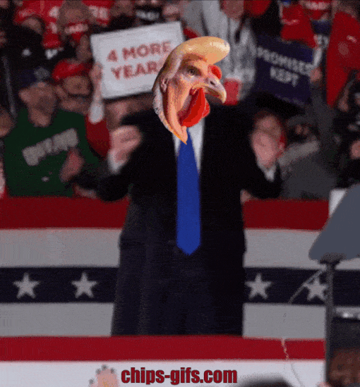 Donald Trump with a chicken head doing his 'Trump dance' at one of his rallies
