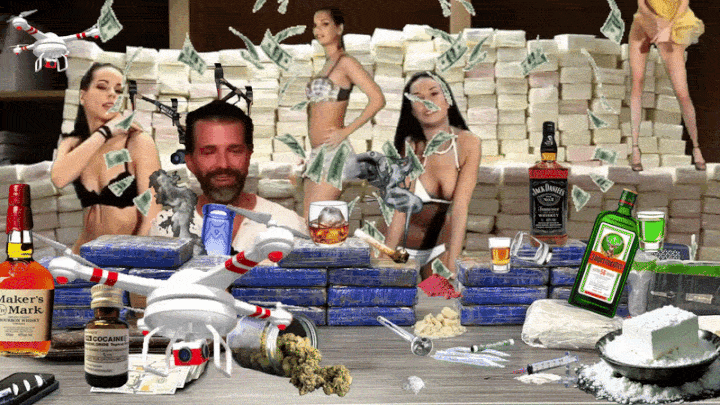  An animated scene of Donald Trump Junior surrounded by cocaine and paraphernalia, with strippers dancing in the background and drones flying all over the room