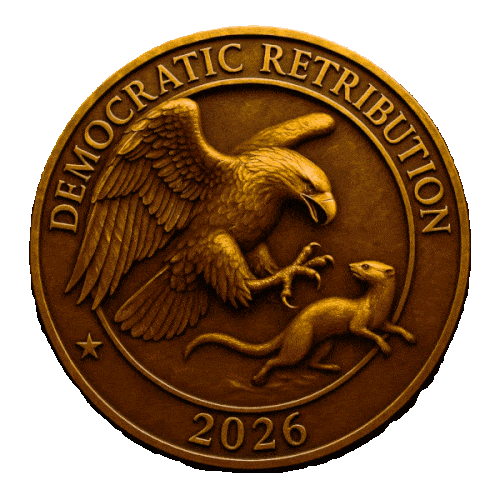  A gold spinning coin With an eagle swooping down to catch a rat and the inscription engraved Democrat retribution 2026
