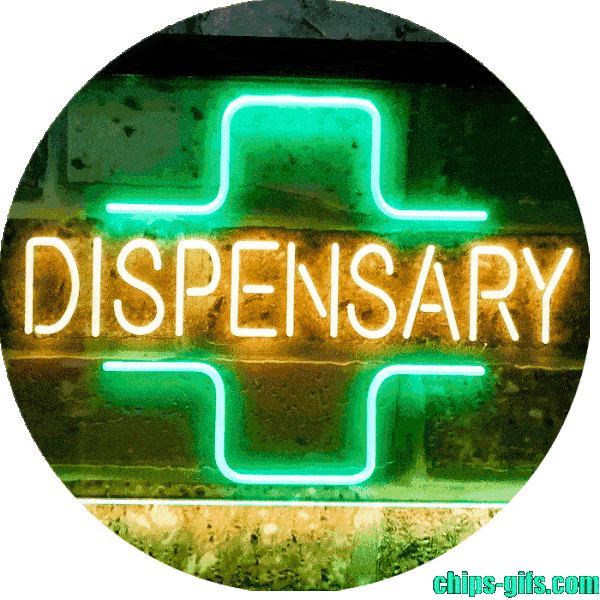 A neon-lit dispensary with a cannabis plant