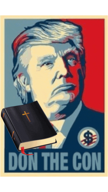  An image of Donald Trump with all his grifts Yes there's the Bible the coins The NFT cards They're all there.