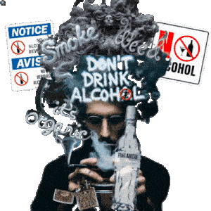 A bunch of smoky images with different warnings saying Dont Drink Alcohol the images are of various things that will happen to you if you drink too much alcohol
