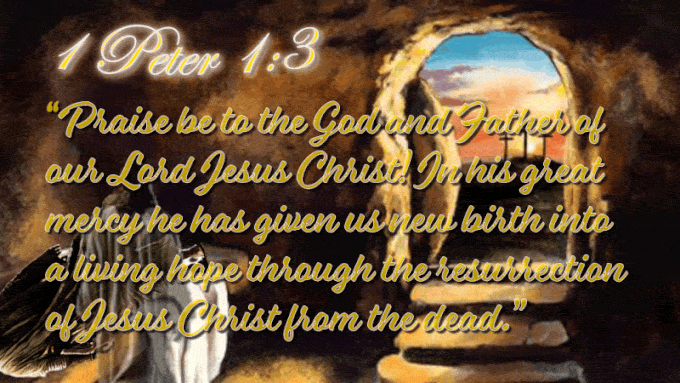 Jesus rising and walking out of the tomb with a transparent body revealing three crosses on the hill behind him overlaid with animated Bible verse text