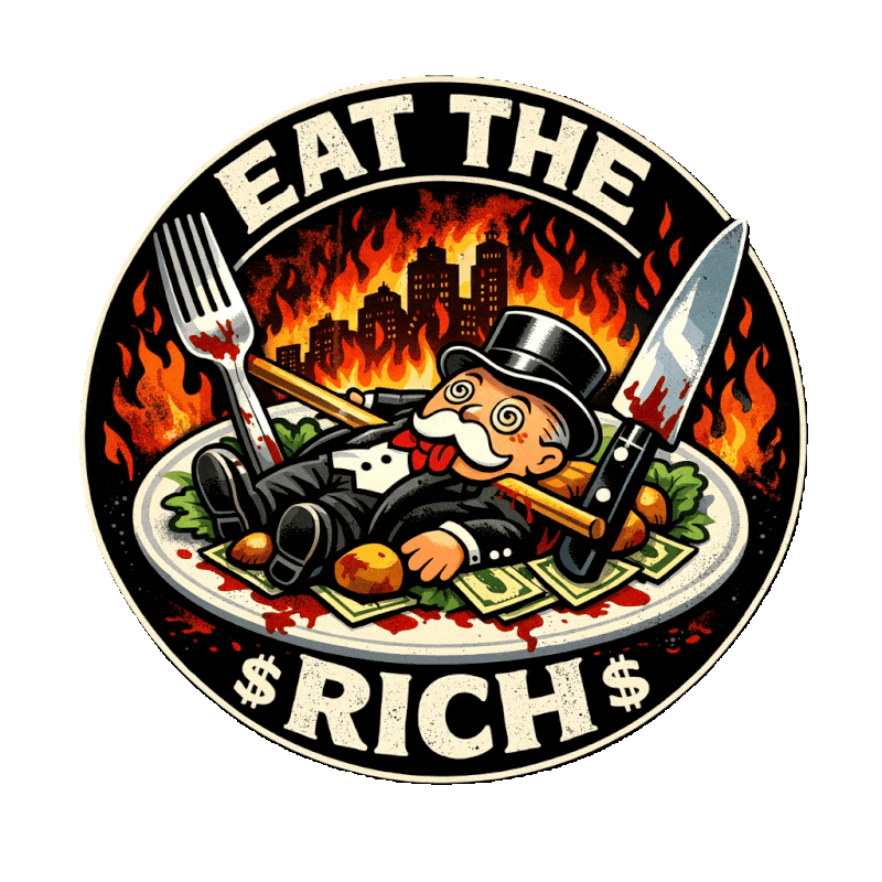 a circular emblem on a Transparent background showing a cartoon wealthy character sitting on a plate with utensils positioned above him, surrounded by bold political satire text forming the outer ring Saying 'eat the rich'