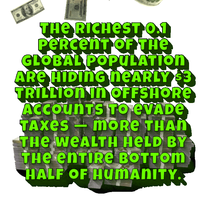 a circular political‑satire emblem on a transparent background featuring a cartoon wealthy character sitting on a plate with utensils above him, with bold animated text delivering critical commentary about global wealth inequality appearing over the emblem