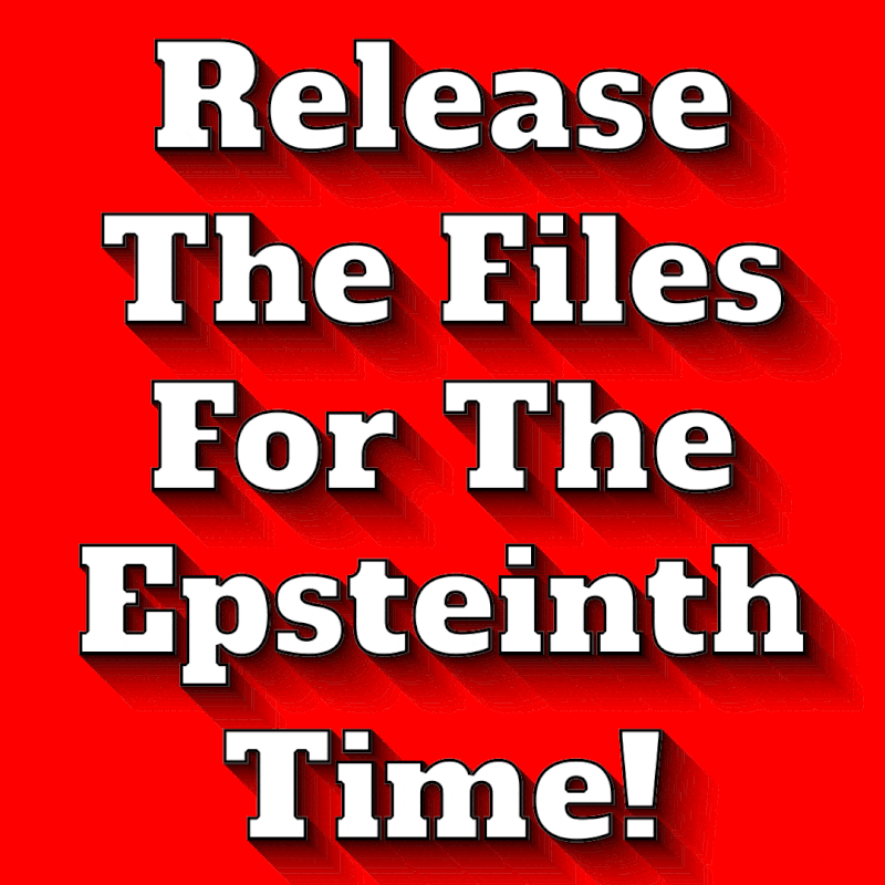  A bright flashing sign in multi colors that says Open the files for the epsteinth time