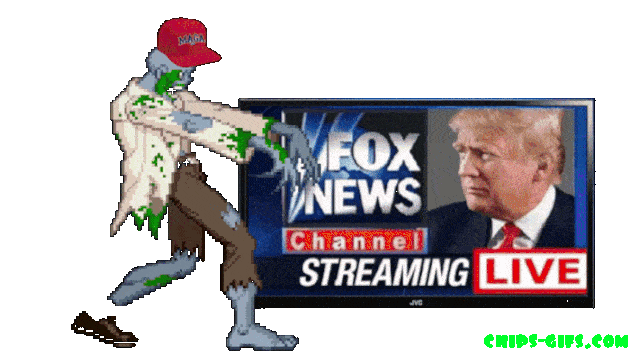 fox news plays Trump propaganda on A while a Couple of zombies Walk back and forth in front of the TV with MAGA hats