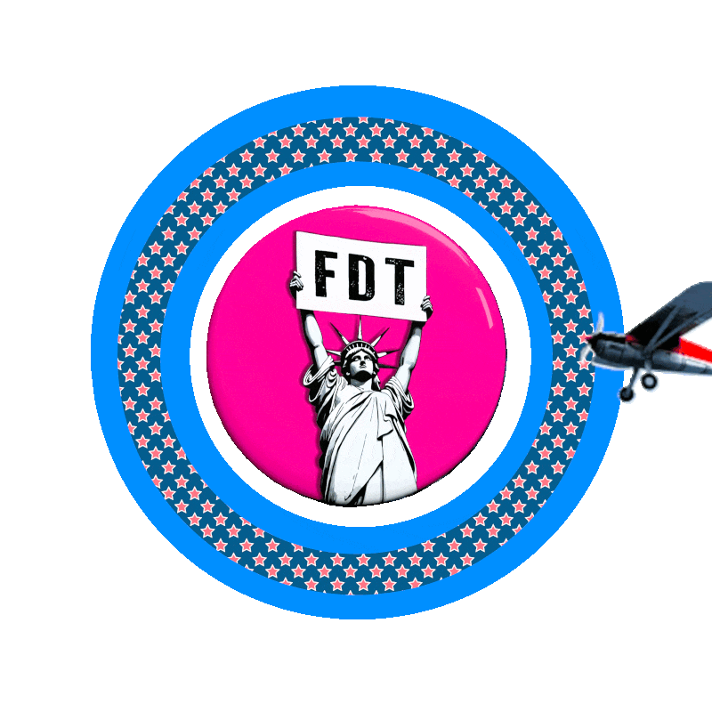  a Round patriotic GIF That has the words God bless the USA And underneath forgive us our trespassers In the middle is the Statue of Liberty holding FDT sign FTD stands for Fuck Donald Trump