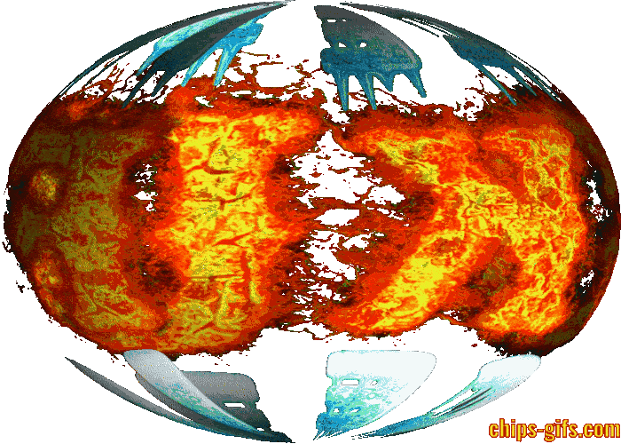 Graphic of the words 'fuck' and 'ice' arranged in a globe shape with a fiery center and icy blue edges