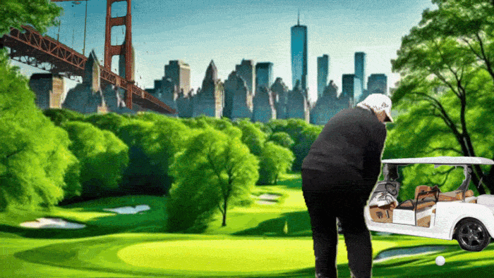  A gif of Donald Trump playing golf as aliens Invade a city in the background. There are explosions going off, his golf cart explodes and He just keeps playing golf It's overlaid with facts about the expense of his golf outings and then he's eaten by a giant worm And an alien pops up