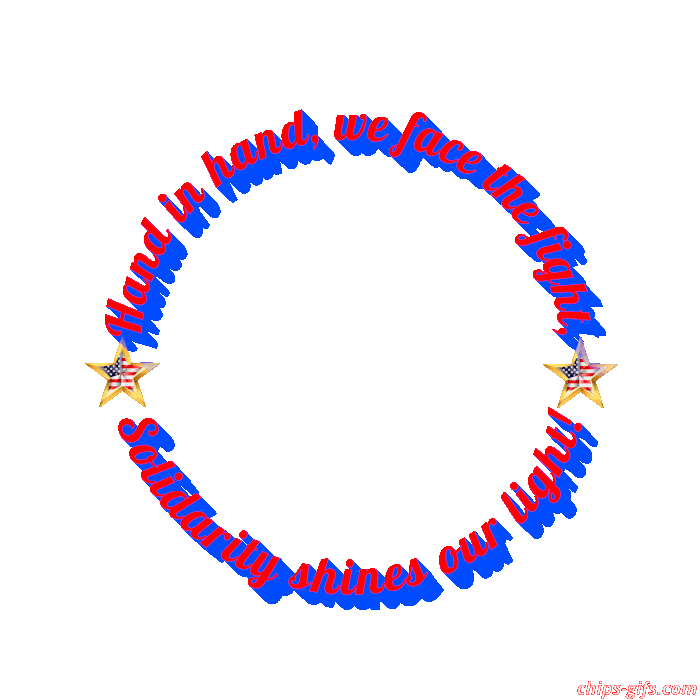 A Red white and blue stars and stripes design with A bald eagle in the center The slogan Reads Hand and Hand We face the fight solidarity is our light