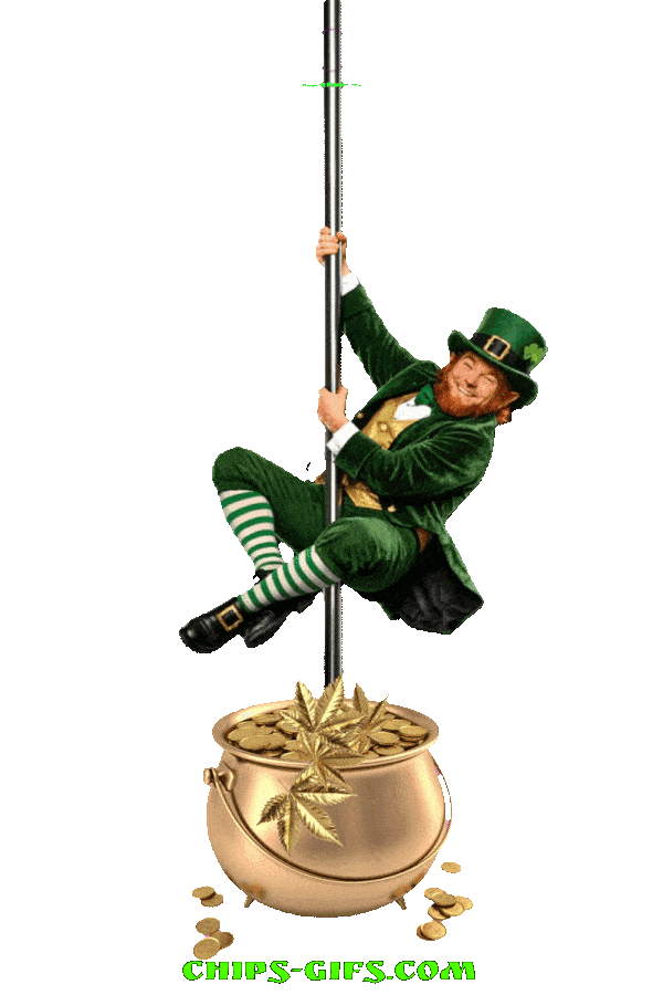 A happy St. Patrick's Day greeting with shamrocks and leprechaun pole dancers