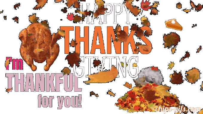  there is a dancing turkey, pumpkin pie, and lots of falling leaves overlaid with a thanksgiving message