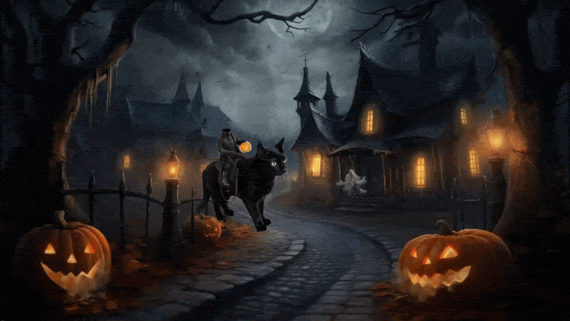 headless Horseman rides through a spooky town on a black cat Happy Halloween halloween