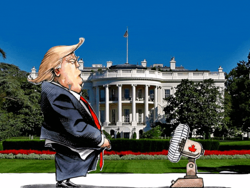 A cartoon of Trump peeing into a fan and it blowing back in his face with a heading this is how tariffs work