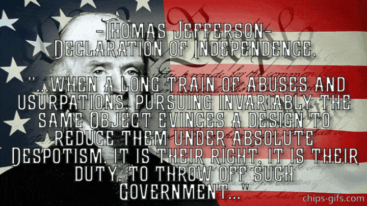 Thomas Jefferson Comes alive pointing to his quote about unjust government