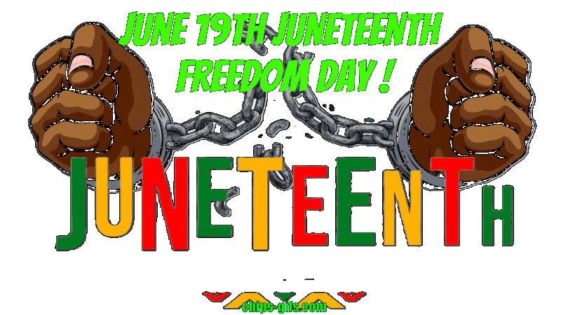  A pair of hands in broken shackles Symbolizing freedom A bright green header announces Juneteenth June 19th
