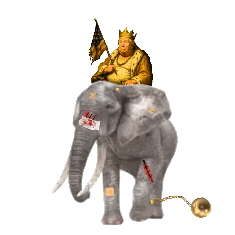  Donald Trump Is dressed like a king Riding a battered and beat up elephant with the golden ball and chain around his leg the elephant poops Donald Trump turds as he walks along Representing Donald Trump's relationship with the GOP