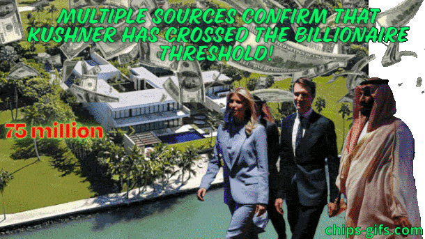 Pictures of Jared Kushner,Ivanka Trump & MSB In front of their $75 million mansion with money raining down in the background and the definition of nepotism Flashing in the foreground