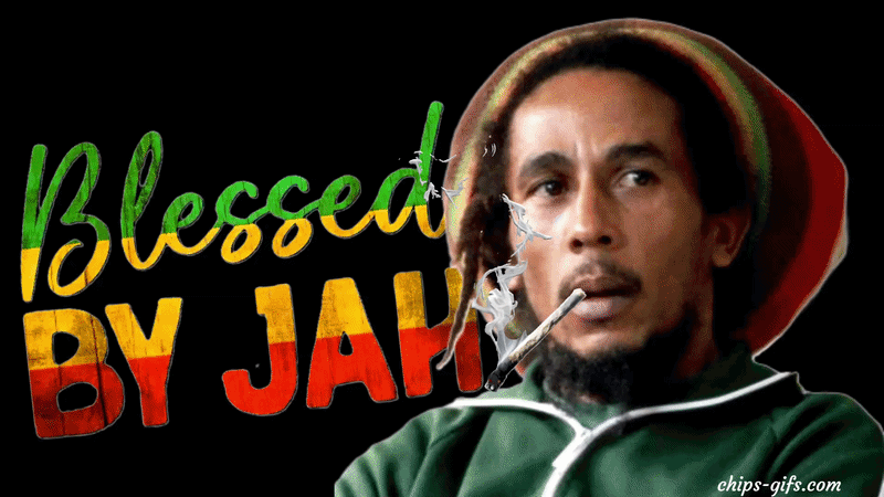 Bob Marley Smoking a joint With the smoke coming off of it turning into angels In the background it says 'jah blessed' And then A quote Floats up in Smokey type That says 'when you smoke the herb it reveals you to yourself' on a black background