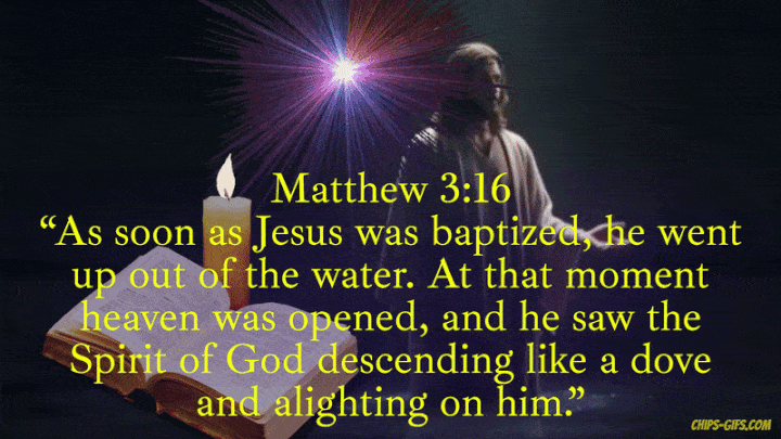 A dark scene with Jesus standing in the river after being baptized God appears to him through the form of white dove