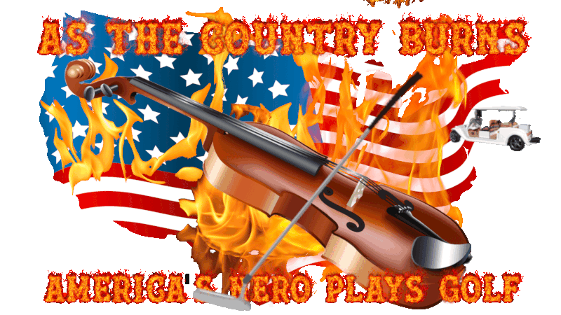  Donald Trump rides all over the US map as it burns playing golf Overlaid With a violin using a putter for a bow