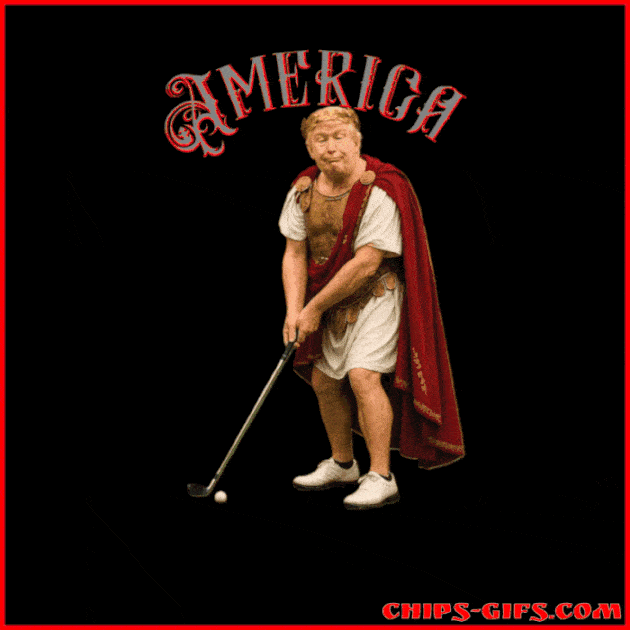  An image of Donald Trump dressed as a king With a diaper on playing golf overlaid with the text 'no kings, no dictators'