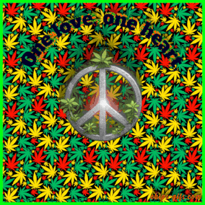 A looping animation with a circular Bob Marley “One Love” quote, a peace sign transforming into a cannabis bud, shifting marijuana‑leaf patterns in red, yellow, and green, and a smoke angel blowing smoke that appears and fades